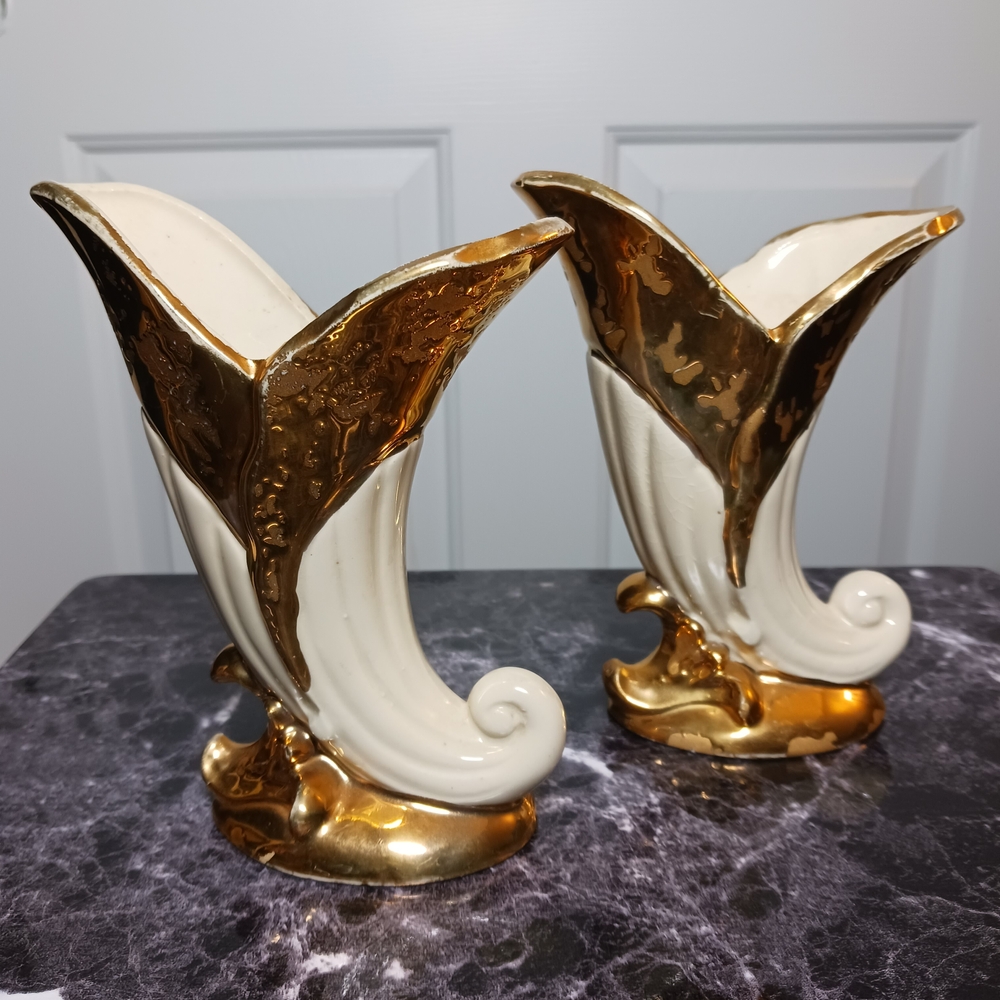 Vintage Savoy China Cream and Weeping Gold Ceramic Vases (Set Of 2)